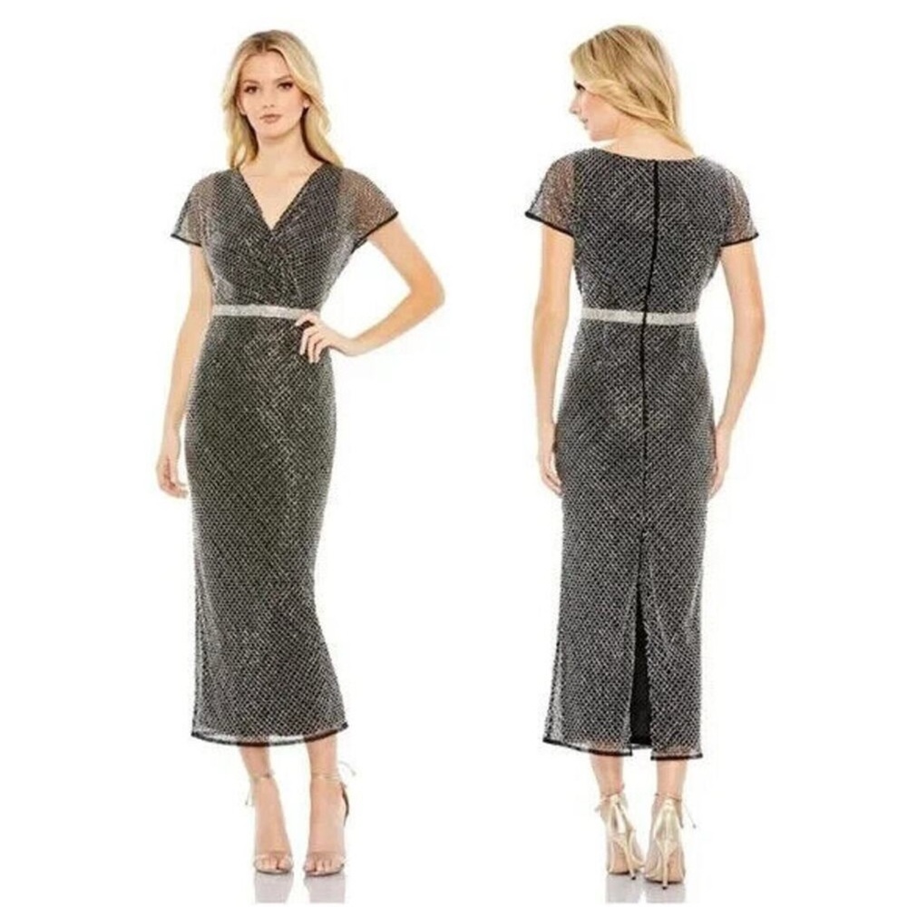 MAC DUGGAL Lattice Beaded Midi Dress in Black/Silver Size US 4 flaws